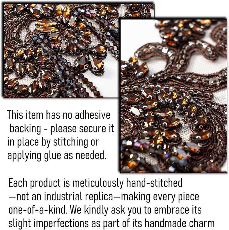 amusediy Brown Beaded Rhinestones Applique Embellishment for Clothes,Epaulettes Shoulder Patches Sew-on Diamond Sequin Applique for Wedding Dress DIY Accessories Belt Waist Decoration - Image 5
